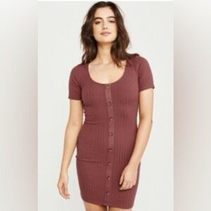 Abercrombie & Fitch Button-Front Ribbed Mini Dress - Burgondy